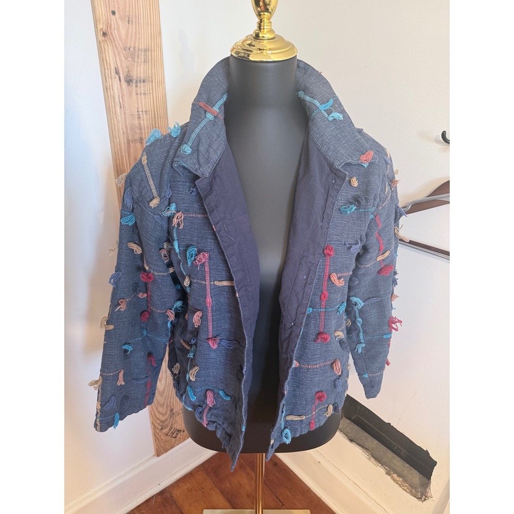 VTG Silver Stream Jacket Womens L Blue Cotton Tufted Fringe Embroidered Artsy